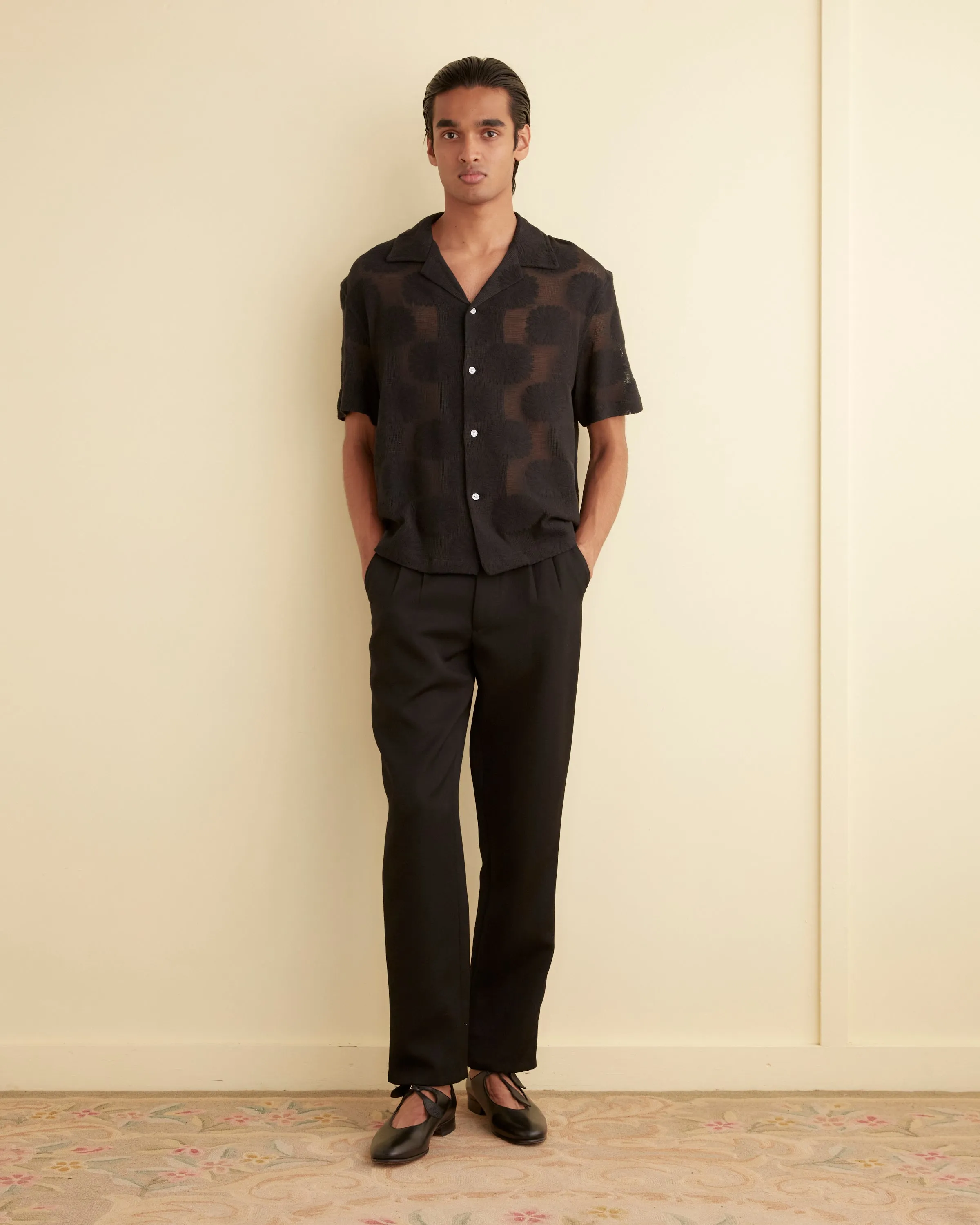 Sunflower Lace Short Sleeve Shirt - Black sold by BODE