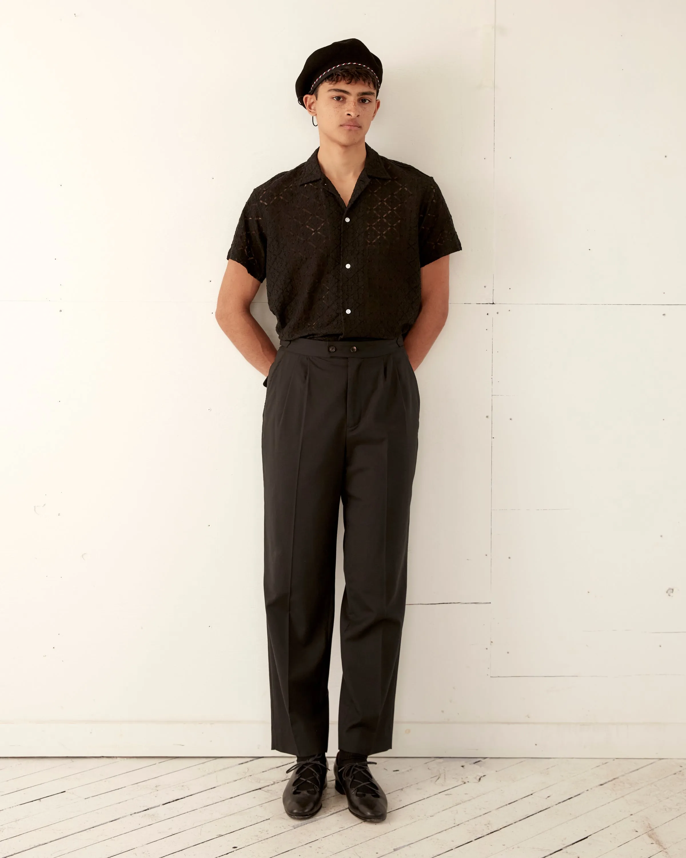 Tile Lace Short Sleeve Shirt - Black sold by BODE