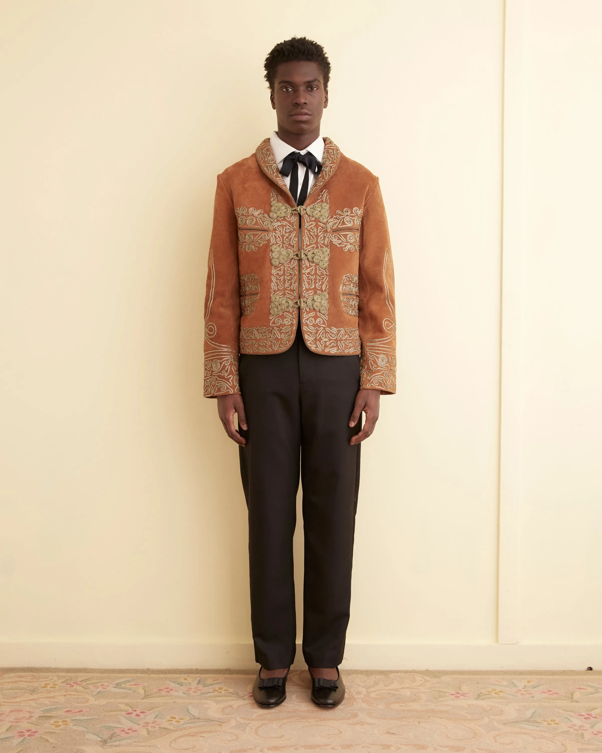 Suede Shawl Couching Jacket sold by BODE