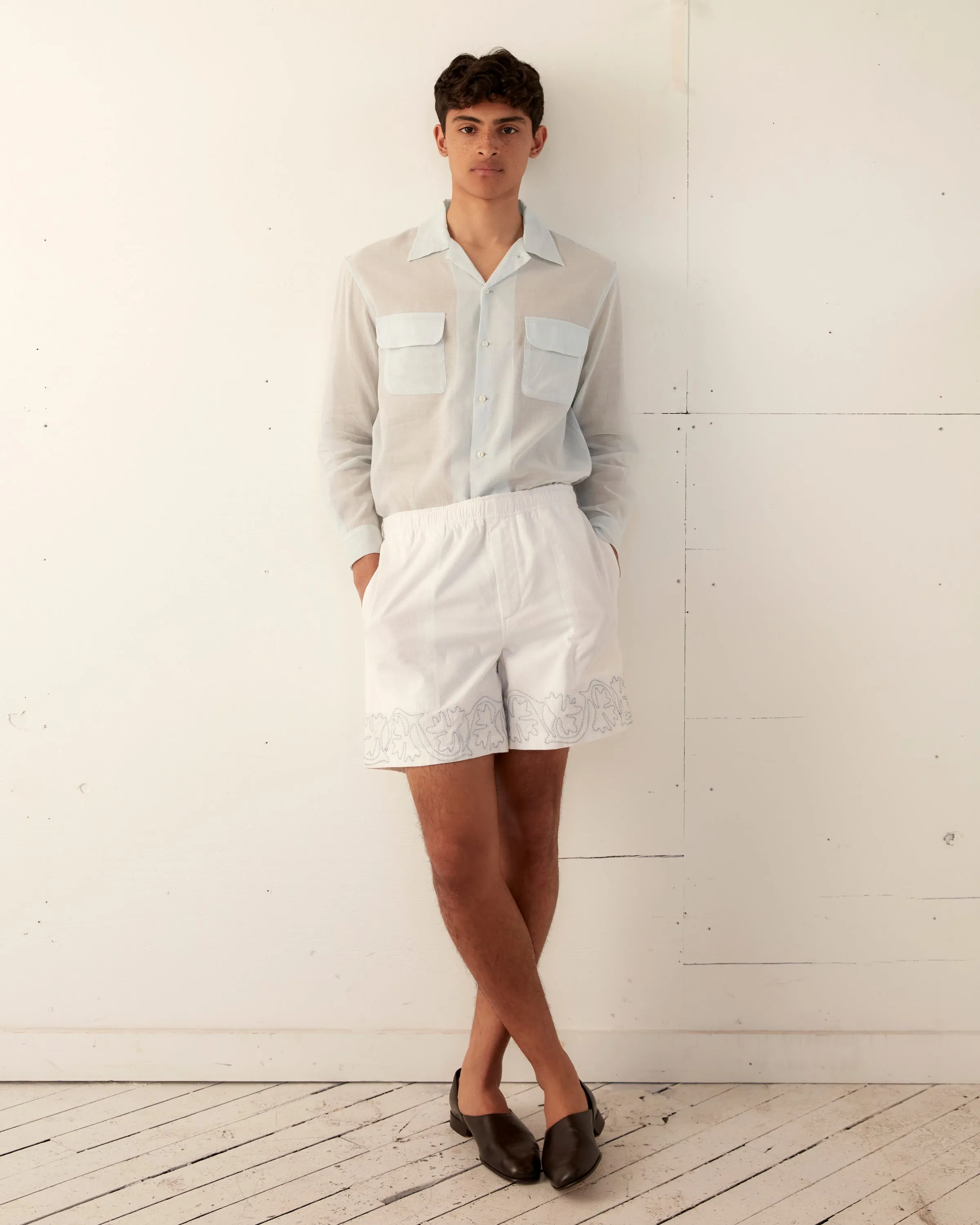 Zig-Zag Couching Shorts sold by BODE