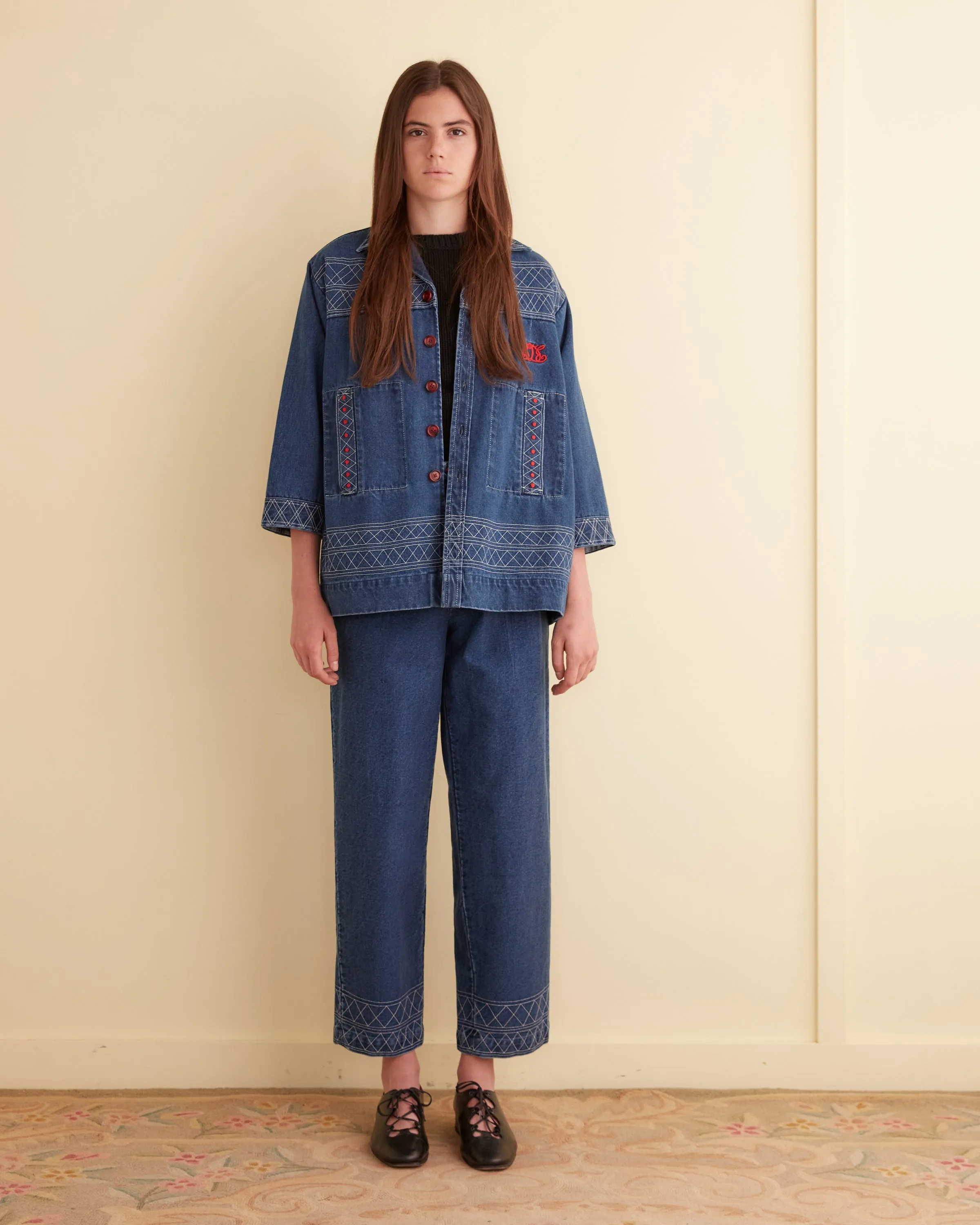 Embroidered Denim Quincy Jacket sold by BODE