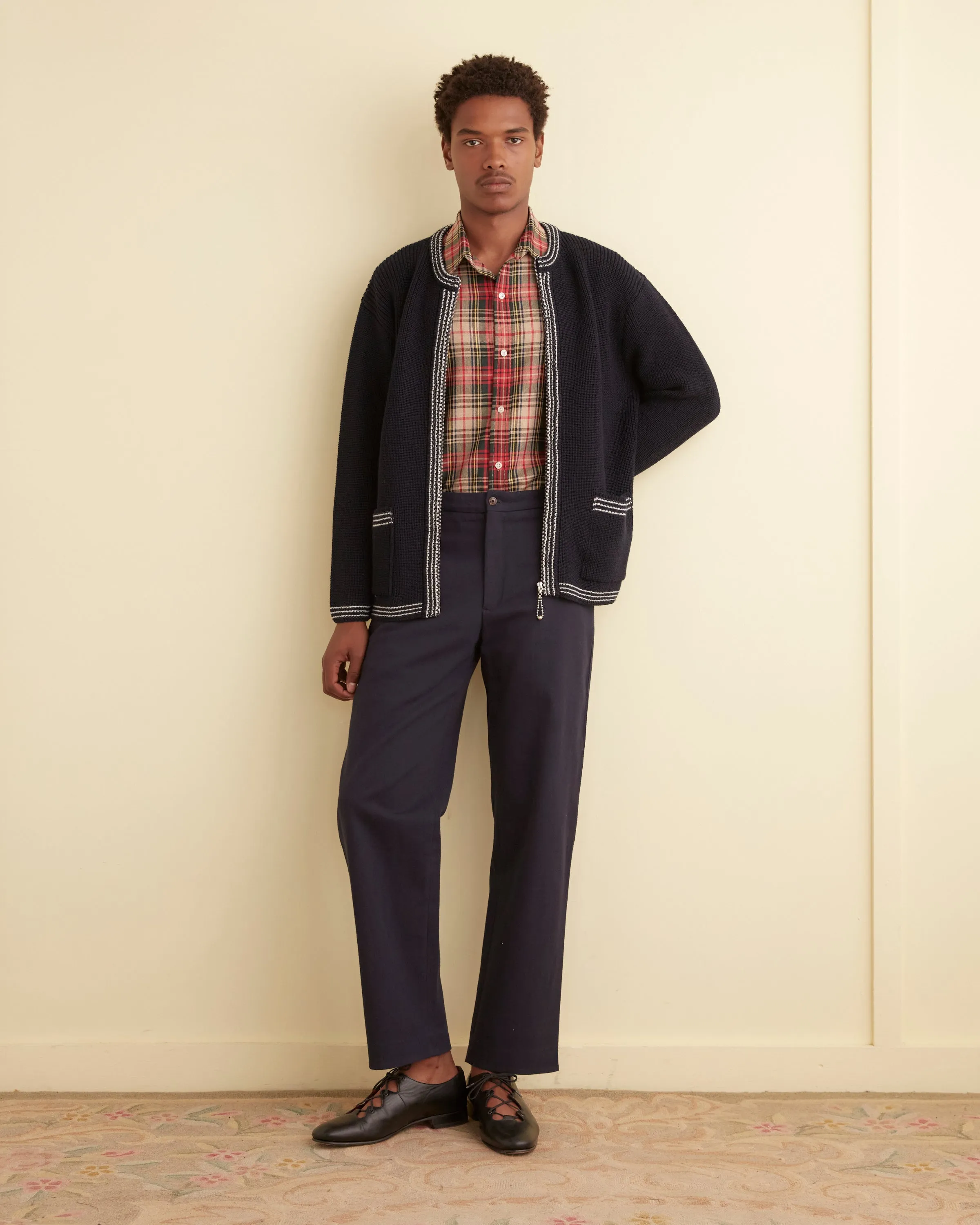 Shaker Stitch Cardigan - Navy sold by BODE