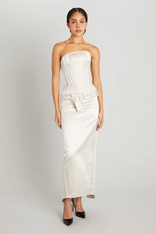 Julie Skirt in Silver Satin sold by Wiederhoeft