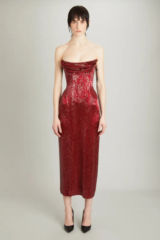 Mid-Calf Ivy Dress in Crimson sold by Wiederhoeft