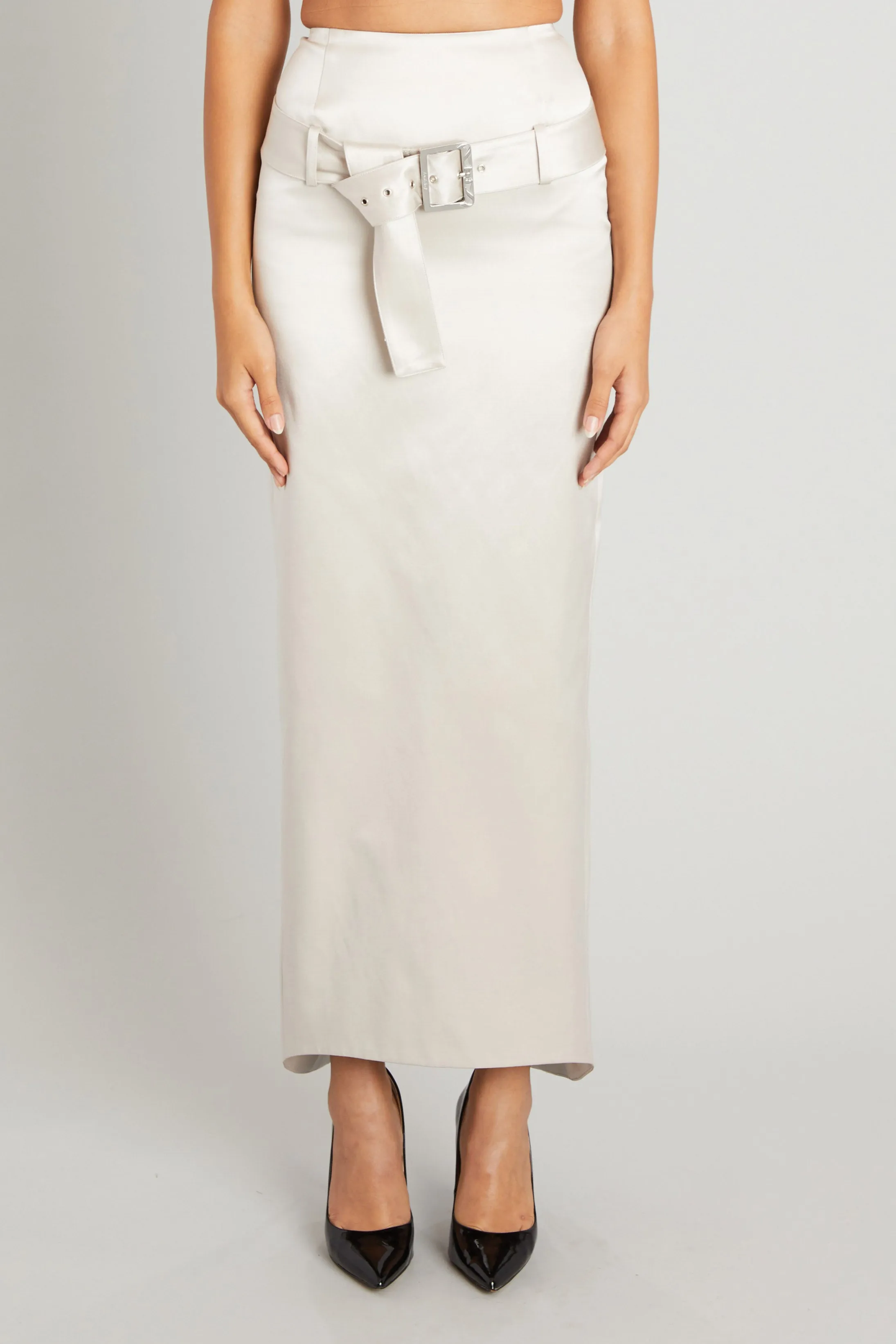 Julie Skirt in Silver Satin sold by Wiederhoeft