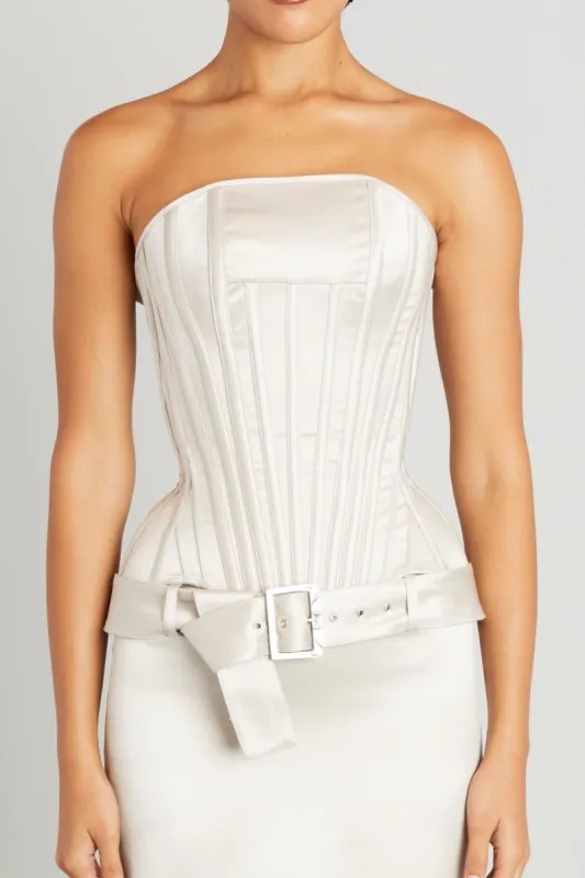 Julie Corset in Silver Satin sold by Wiederhoeft