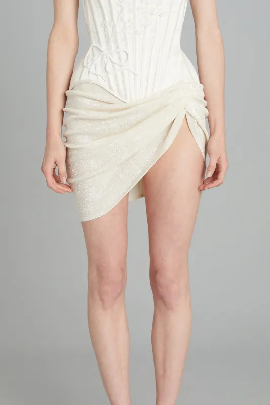 Draped Mini Skirt in Off-White Beads sold by Wiederhoeft