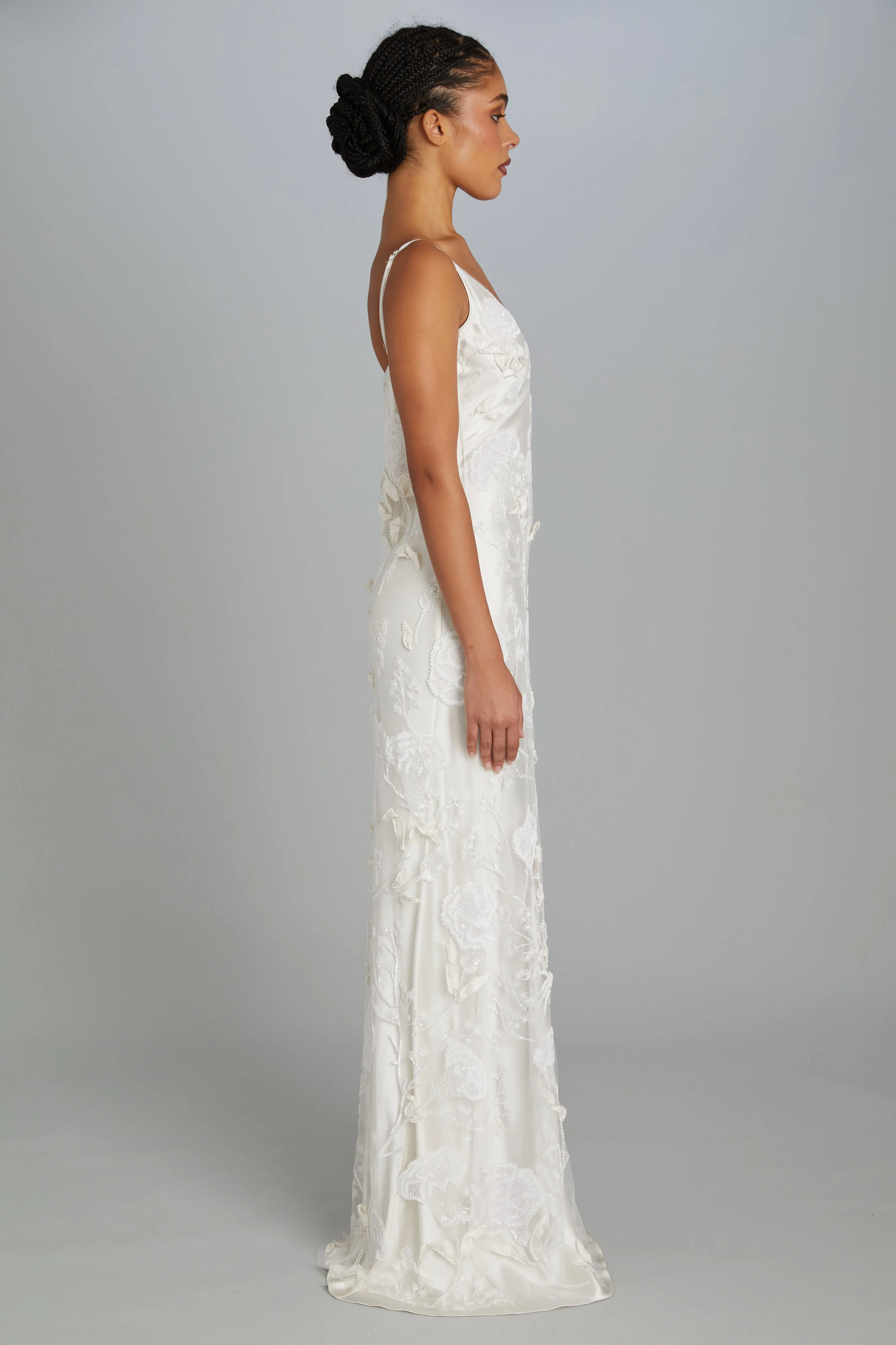 Floor-Length Bias-Cut Dress in Carnation Embroidery sold by Wiederhoeft product image thumbnail 4