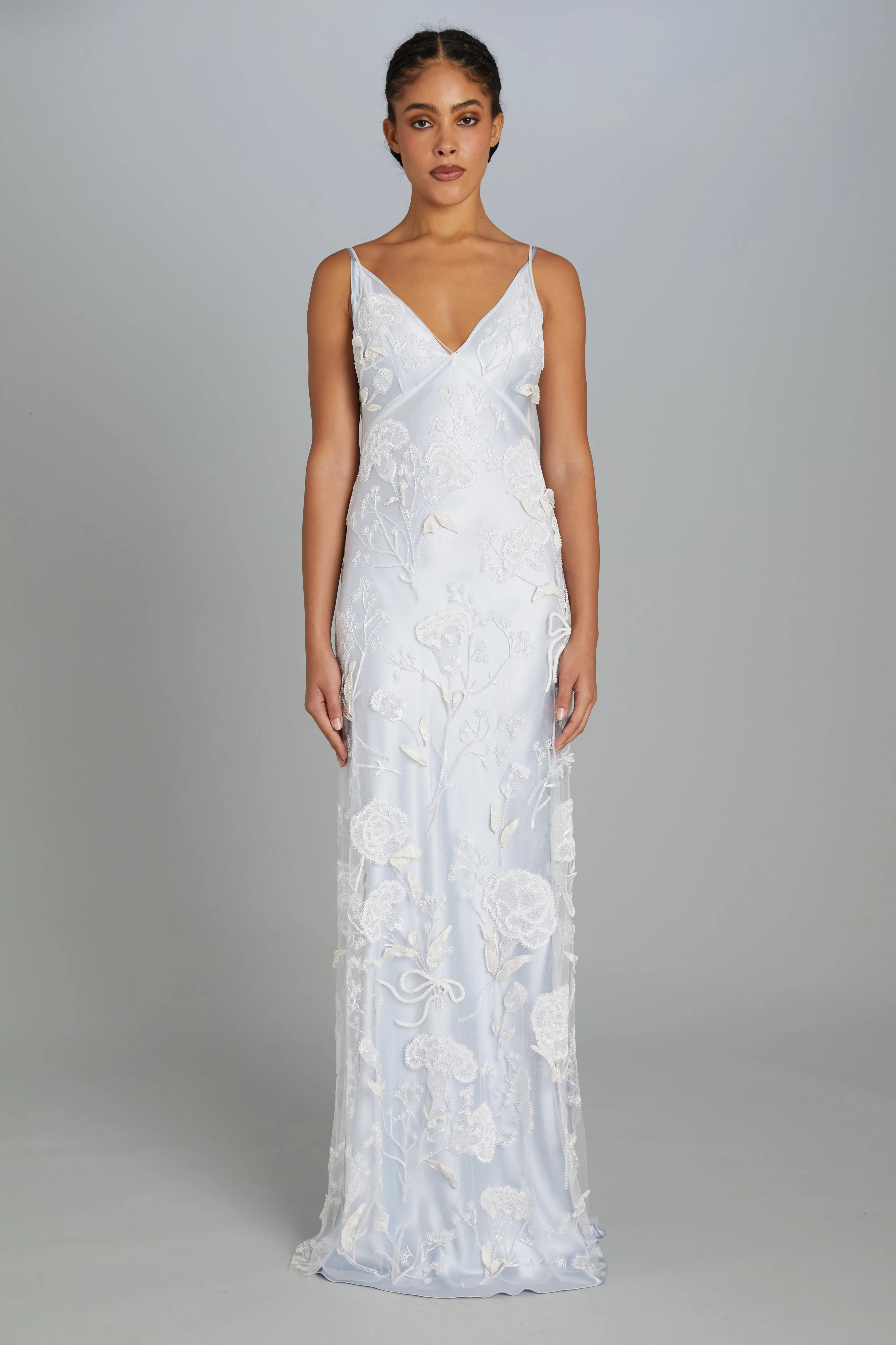 Floor-Length Bias-Cut Dress in Carnation Embroidery sold by Wiederhoeft product image thumbnail 2