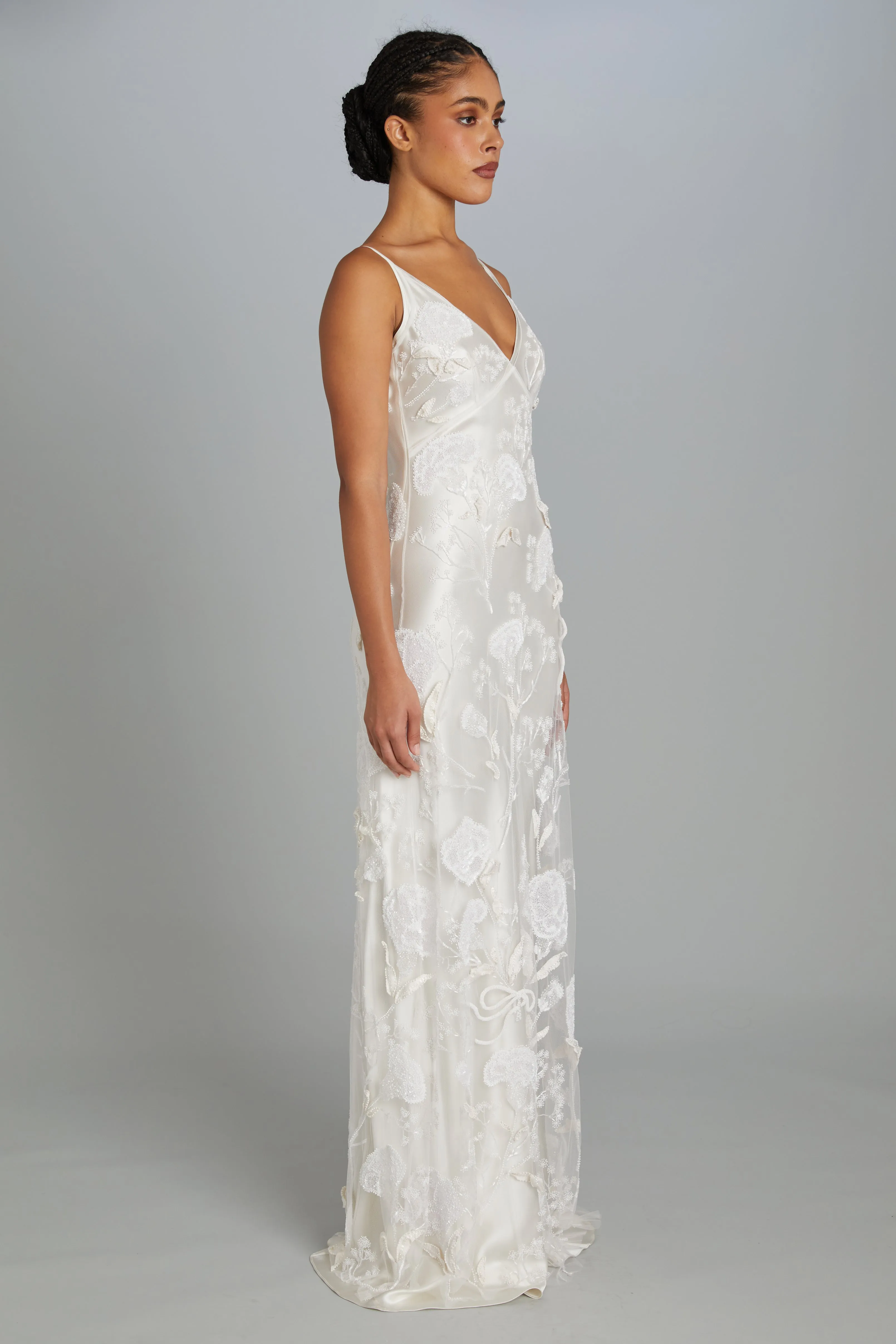 Floor-Length Bias-Cut Dress in Carnation Embroidery sold by Wiederhoeft product image thumbnail 3
