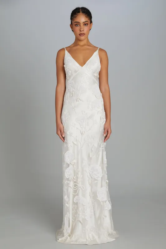 Floor-Length Bias-Cut Dress in Carnation Embroidery sold by Wiederhoeft