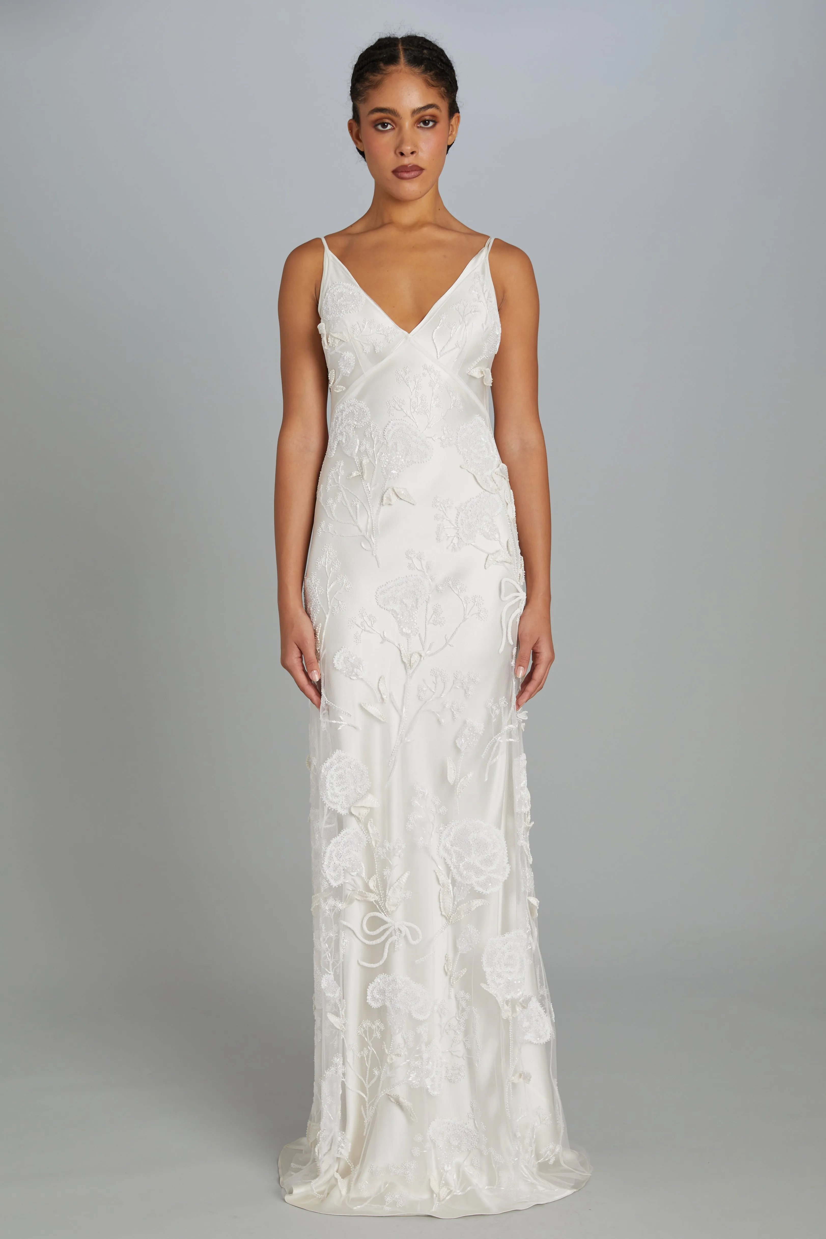 Floor-Length Bias-Cut Dress in Carnation Embroidery sold by Wiederhoeft