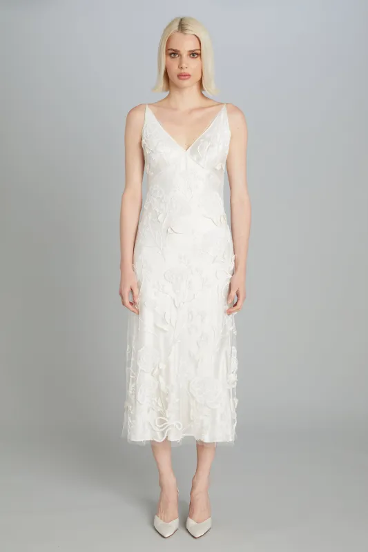 Mid-Calf Bias-Cut Dress in Carnation Embroidery sold by Wiederhoeft