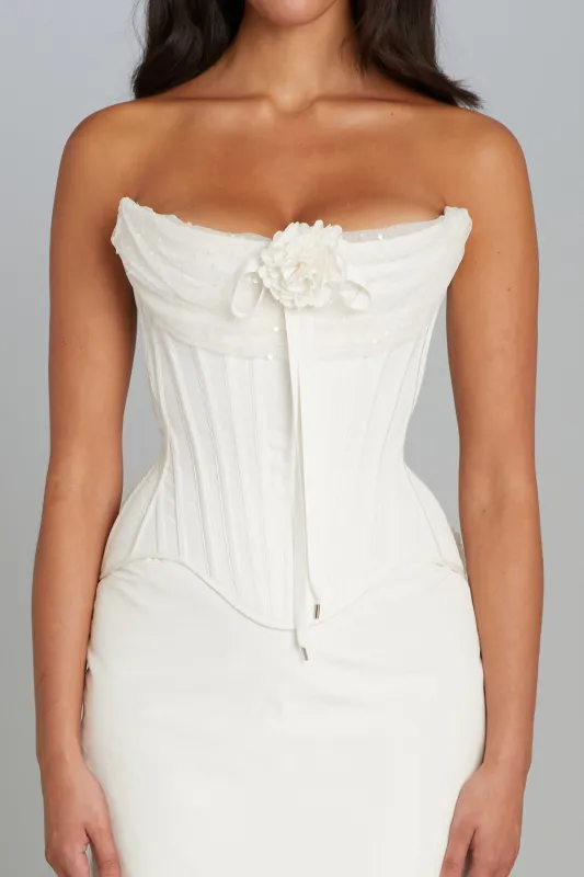 Ophelia Corset in White Taffeta sold by Wiederhoeft