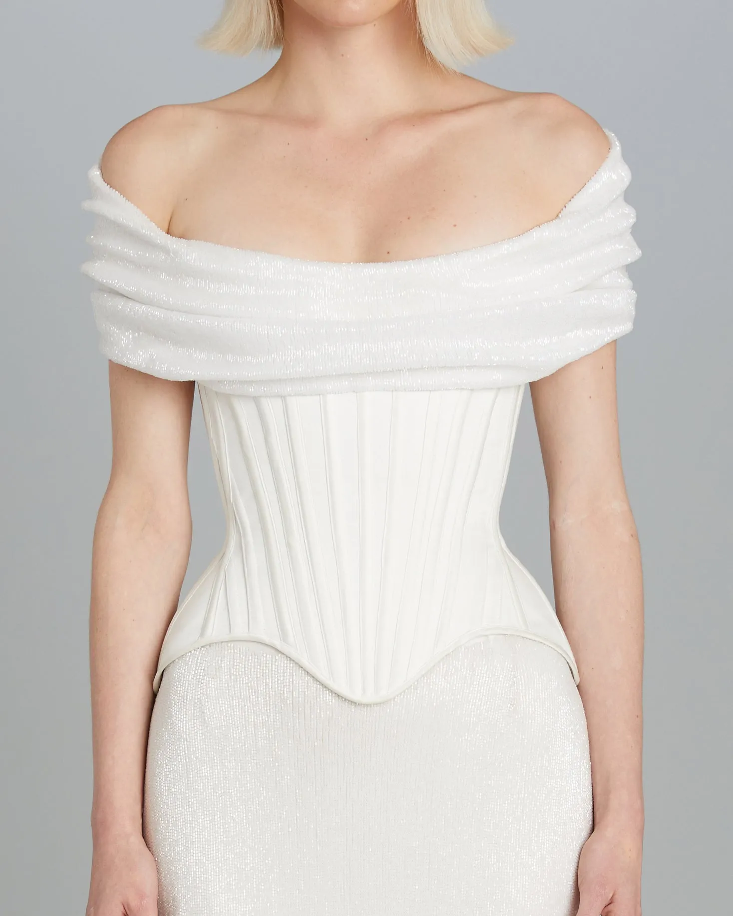 Wasp corset in Matte Satin with Beaded Drape sold by Wiederhoeft