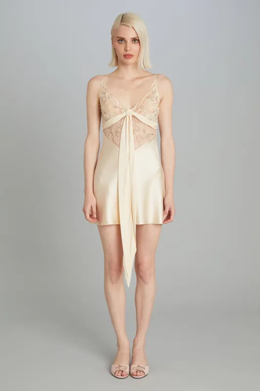 Blumen Mini Dress in Champagne Satin sold by Wiederhoeft