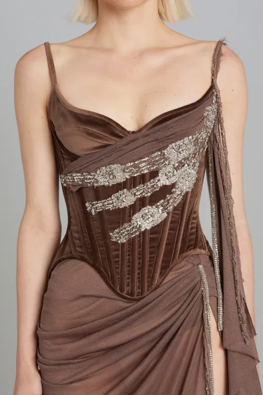 Salon Corset in Brown Velvet with Belt Embroidery made by Wiederhoeft