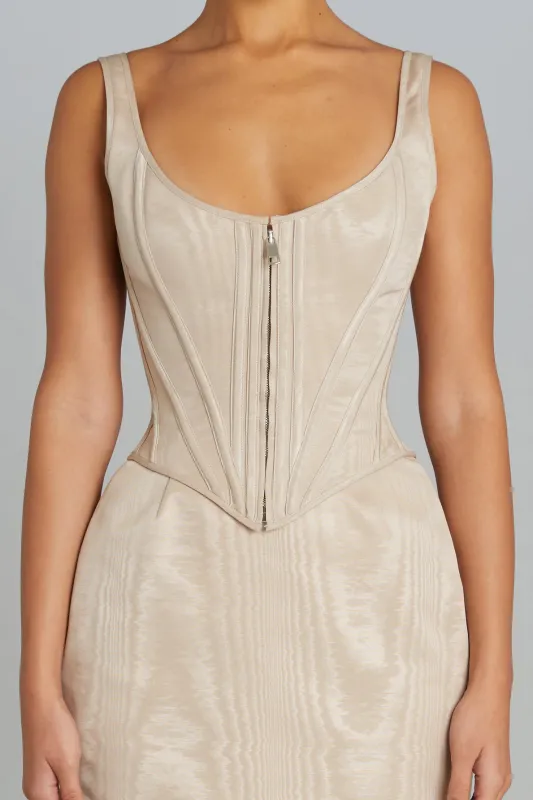 Venus Corset in Limestone Moire sold by Wiederhoeft