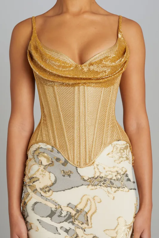 Salon Corset in Gold Lame with Gold Beading sold by Wiederhoeft