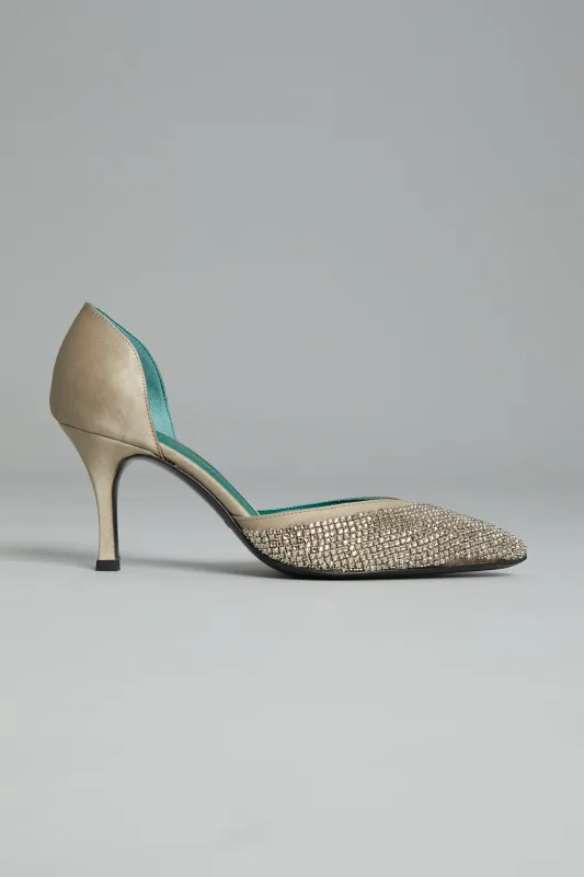 Salon d'Orsay Pump in Stone Satin with Beading sold by Wiederhoeft