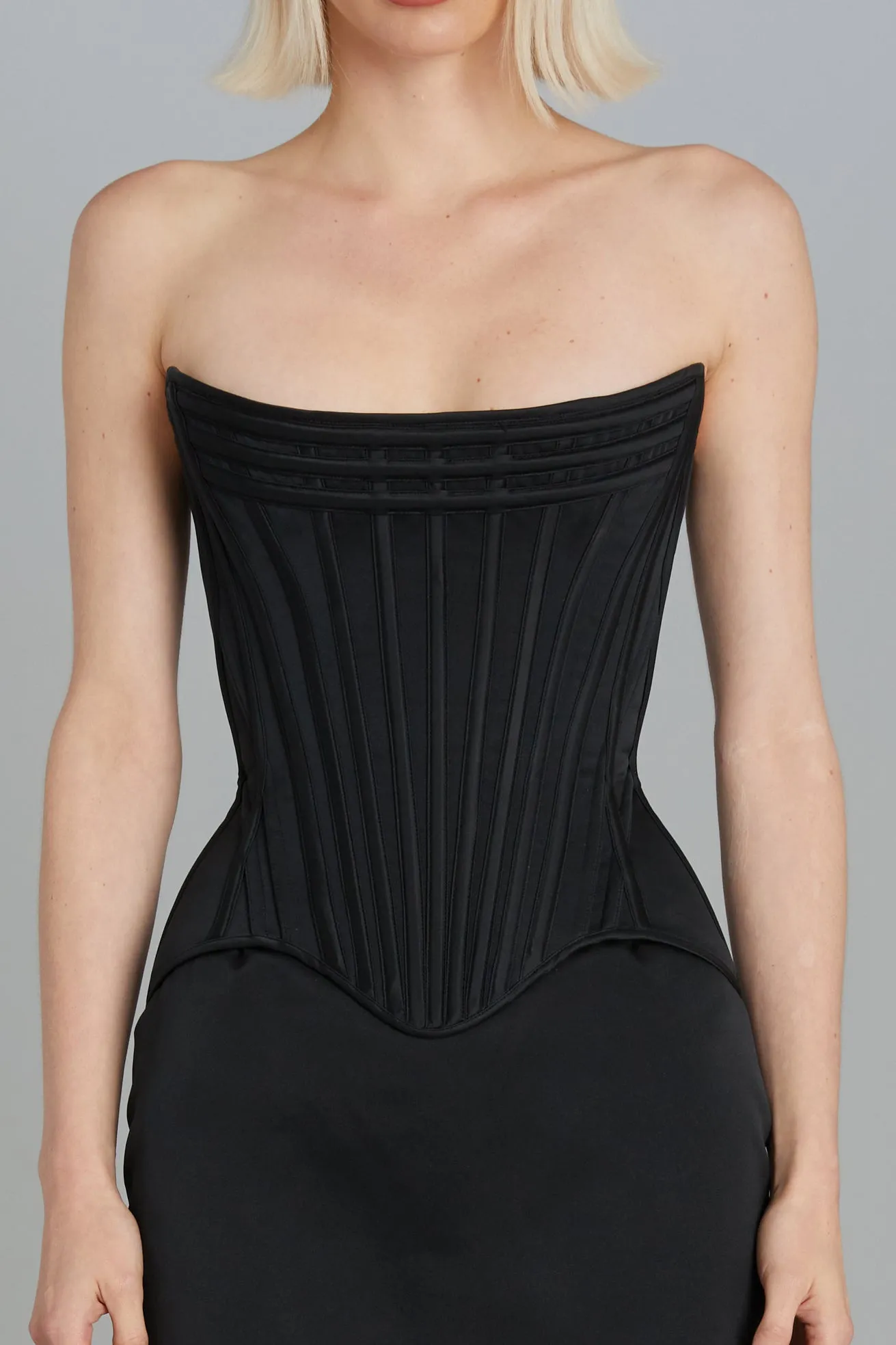 Wasp Corset in Black Matte Satin sold by Wiederhoeft