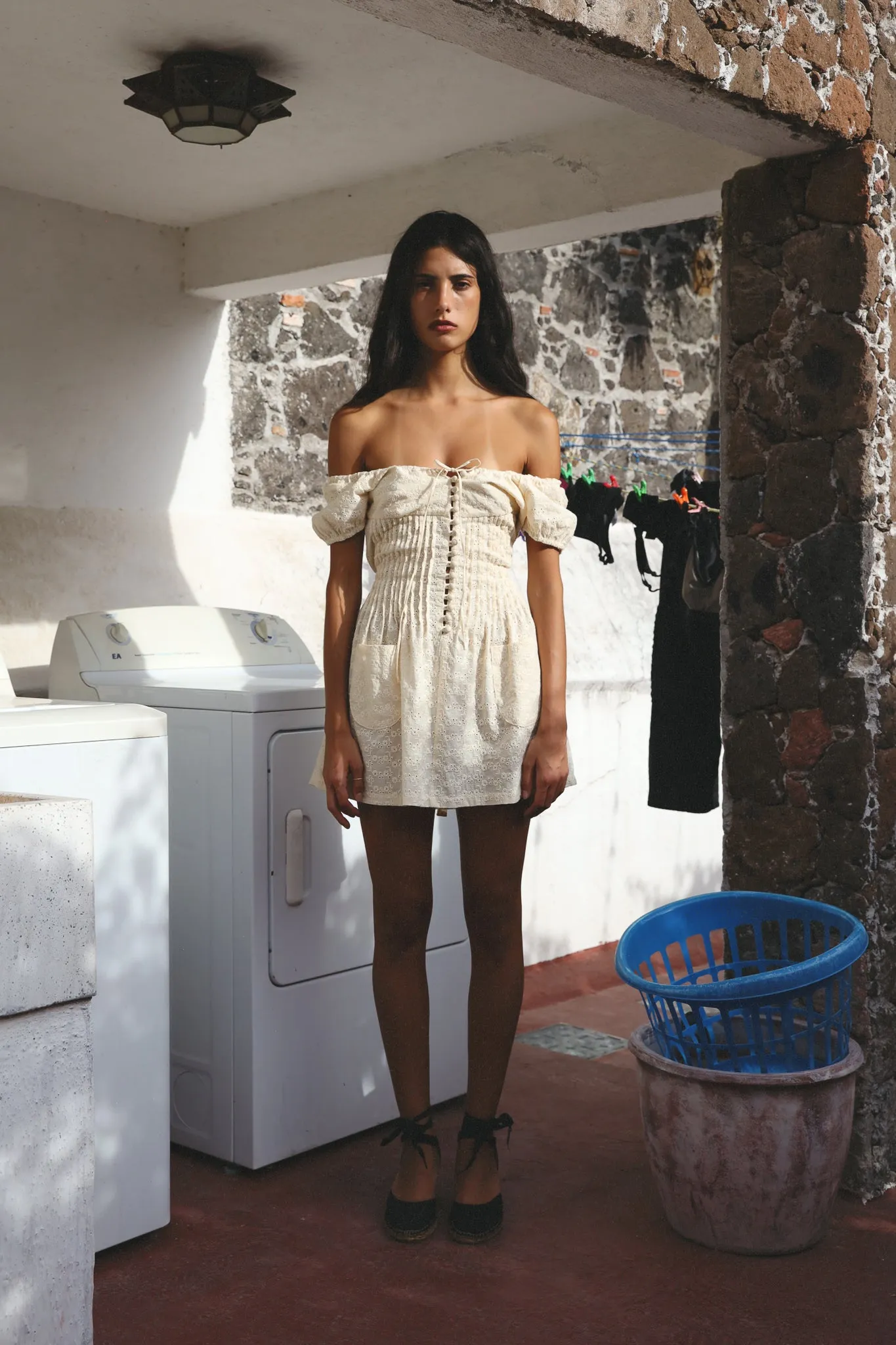 Cap Sleeve Mini Pin Tuck Eyelet Dress Flour sold by Mirror Palais