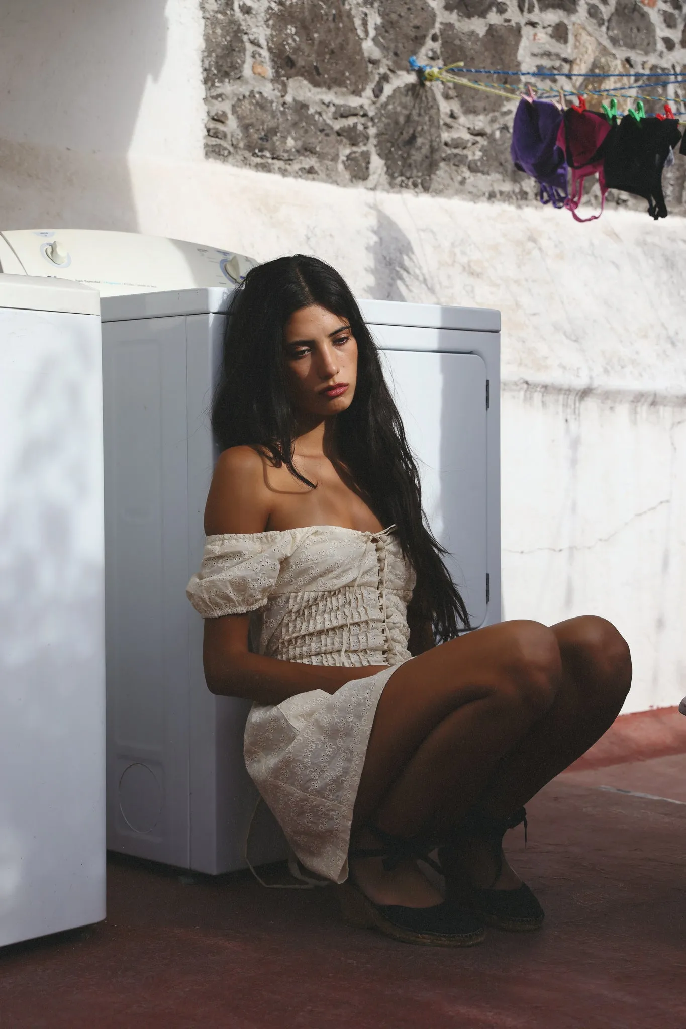 Cap Sleeve Mini Pin Tuck Eyelet Dress Flour sold by Mirror Palais product image thumbnail 3