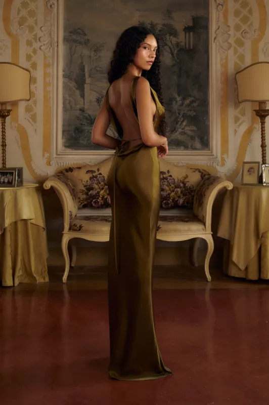 Plunging Back Cowl Dress in Olive sold by Mirror Palais