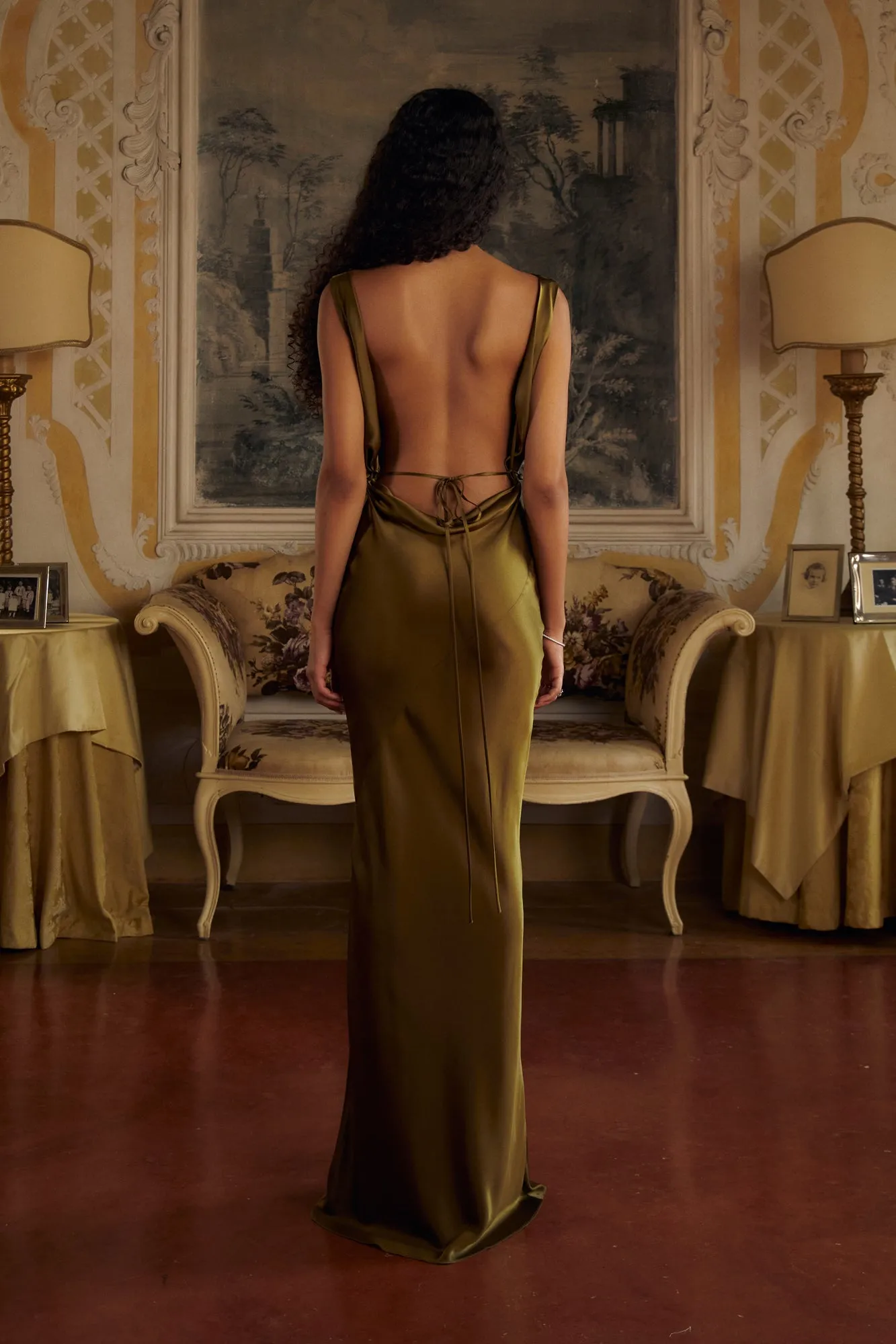 Plunging Back Cowl Dress in Olive sold by Mirror Palais product image thumbnail 4