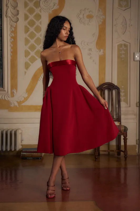 Strapless Opera Lady Length Dress in Scarlet sold by Mirror Palais