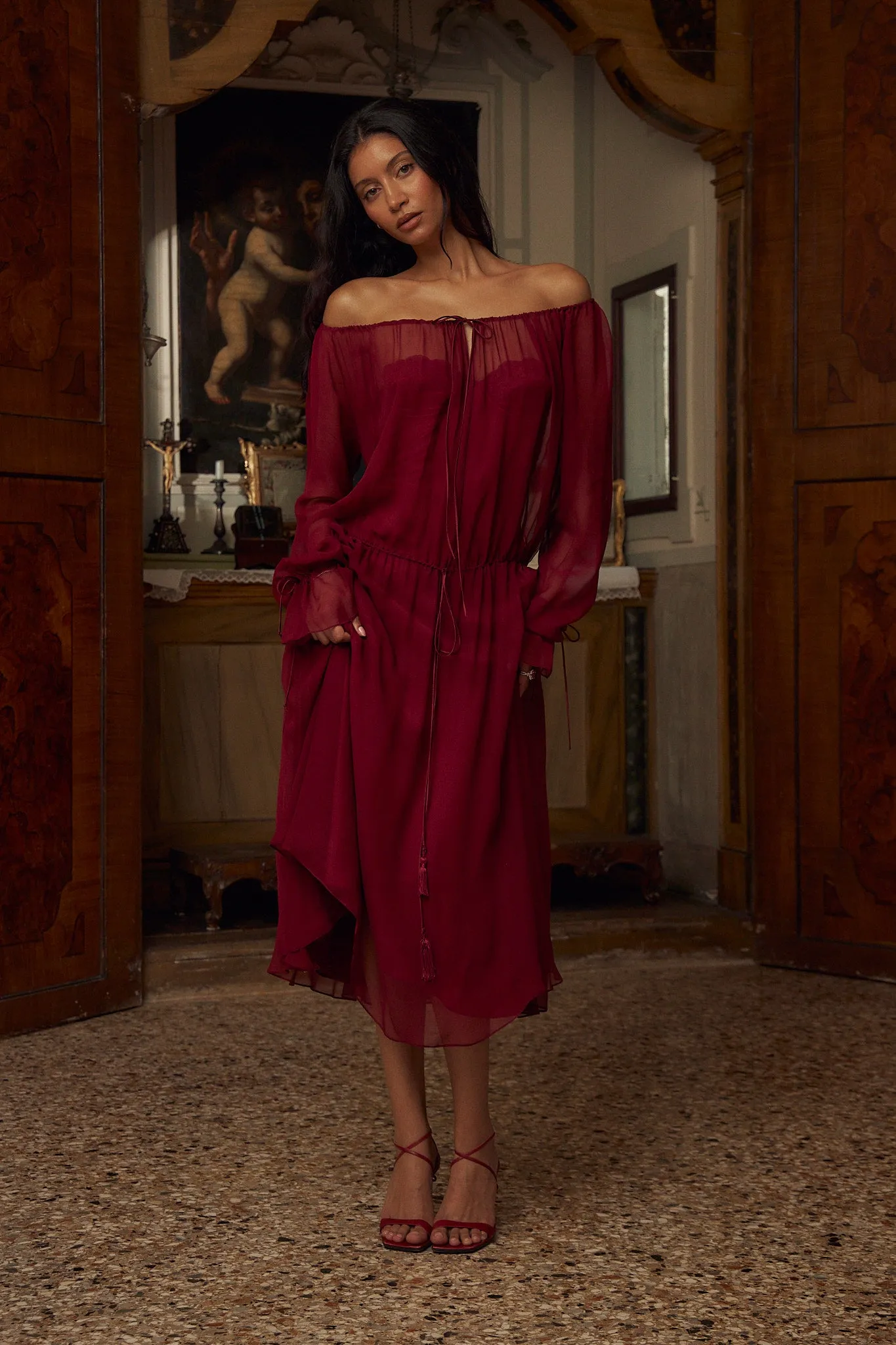 Curtain Lady Length Dress in Sangre sold by Mirror Palais