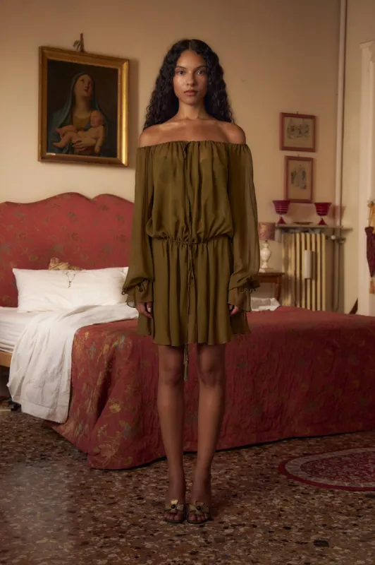 Curtain Mini Dress in Olive sold by Mirror Palais
