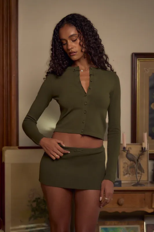 The Knit Mini Skort in Olive sold by Mirror Palais