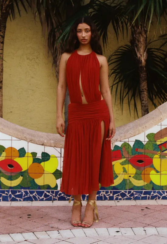 La Piscine Lady Length Dress in Scarlet sold by Mirror Palais