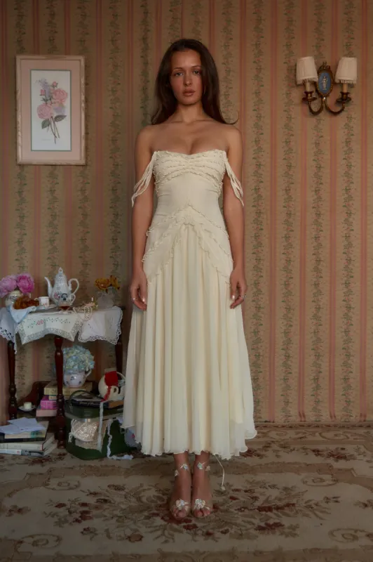 Cascading Ruffle Lady Length Dress in Butter sold by Mirror Palais