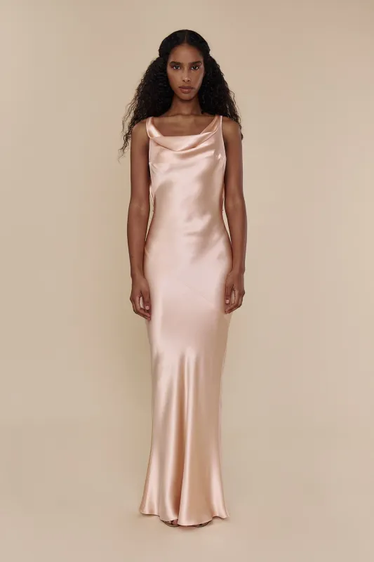 Plunging Back Cowl Dress in Whispering Angel sold by Mirror Palais