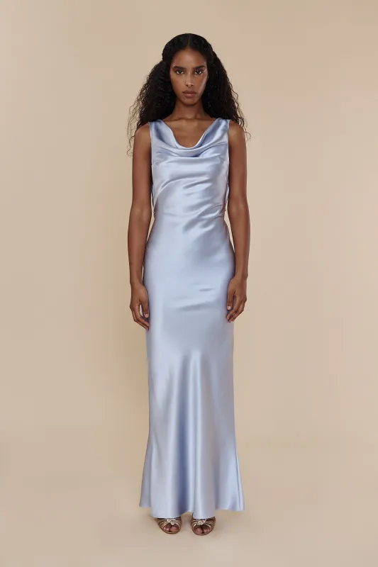 Plunging Back Cowl Dress in Ciel sold by Mirror Palais