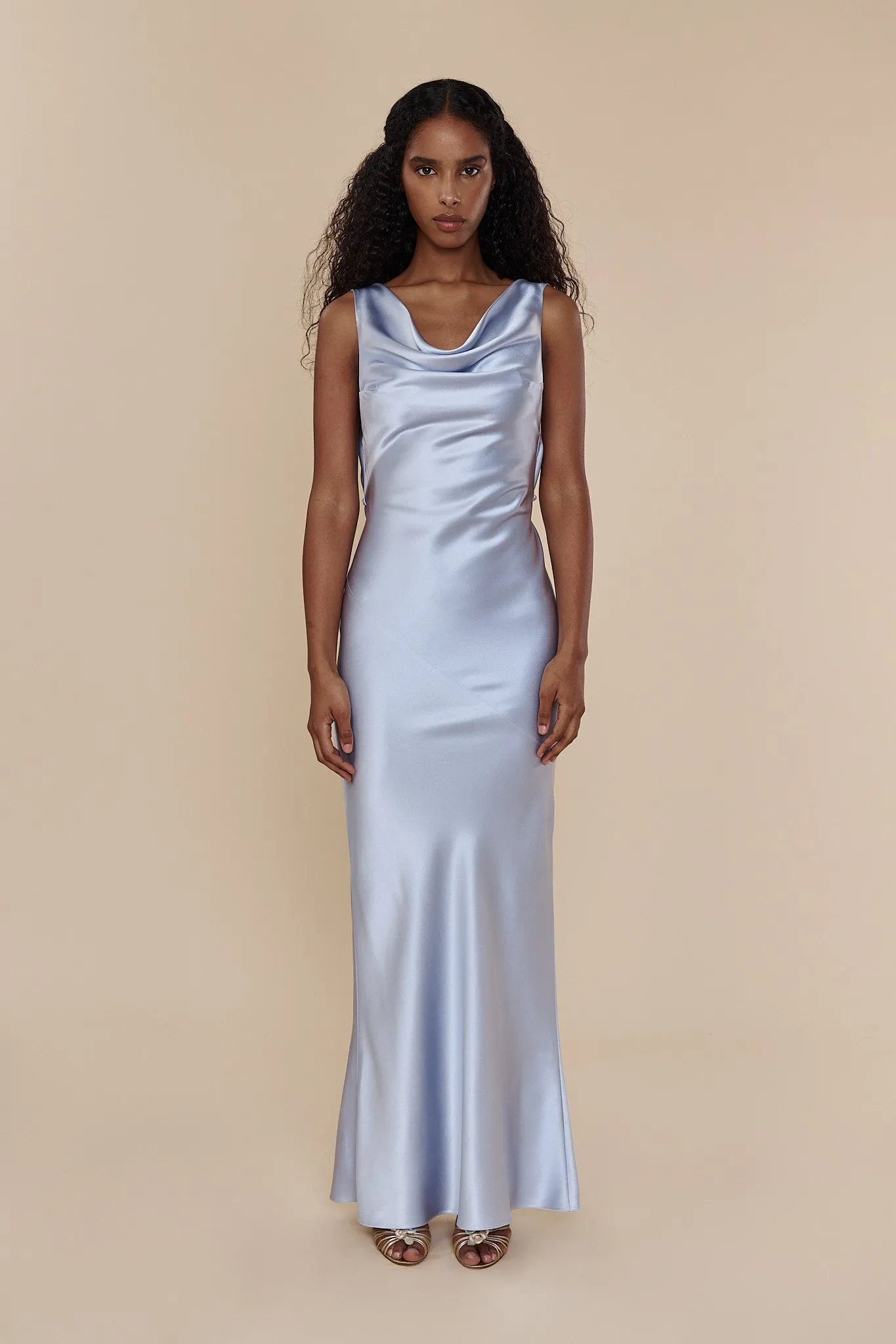 Plunging Back Cowl Dress in Ciel sold by Mirror Palais