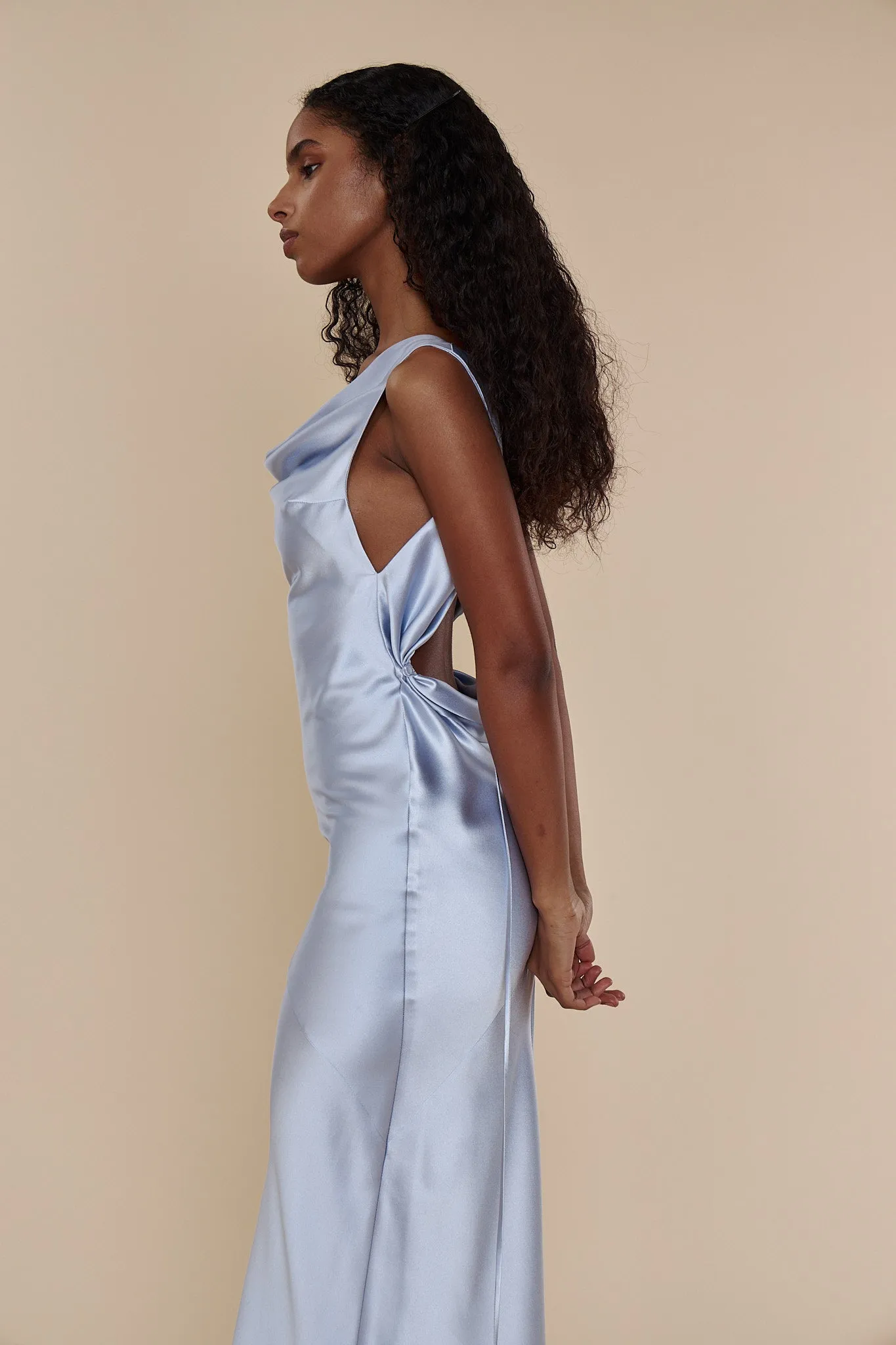 Plunging Back Cowl Dress in Ciel sold by Mirror Palais product image thumbnail 4