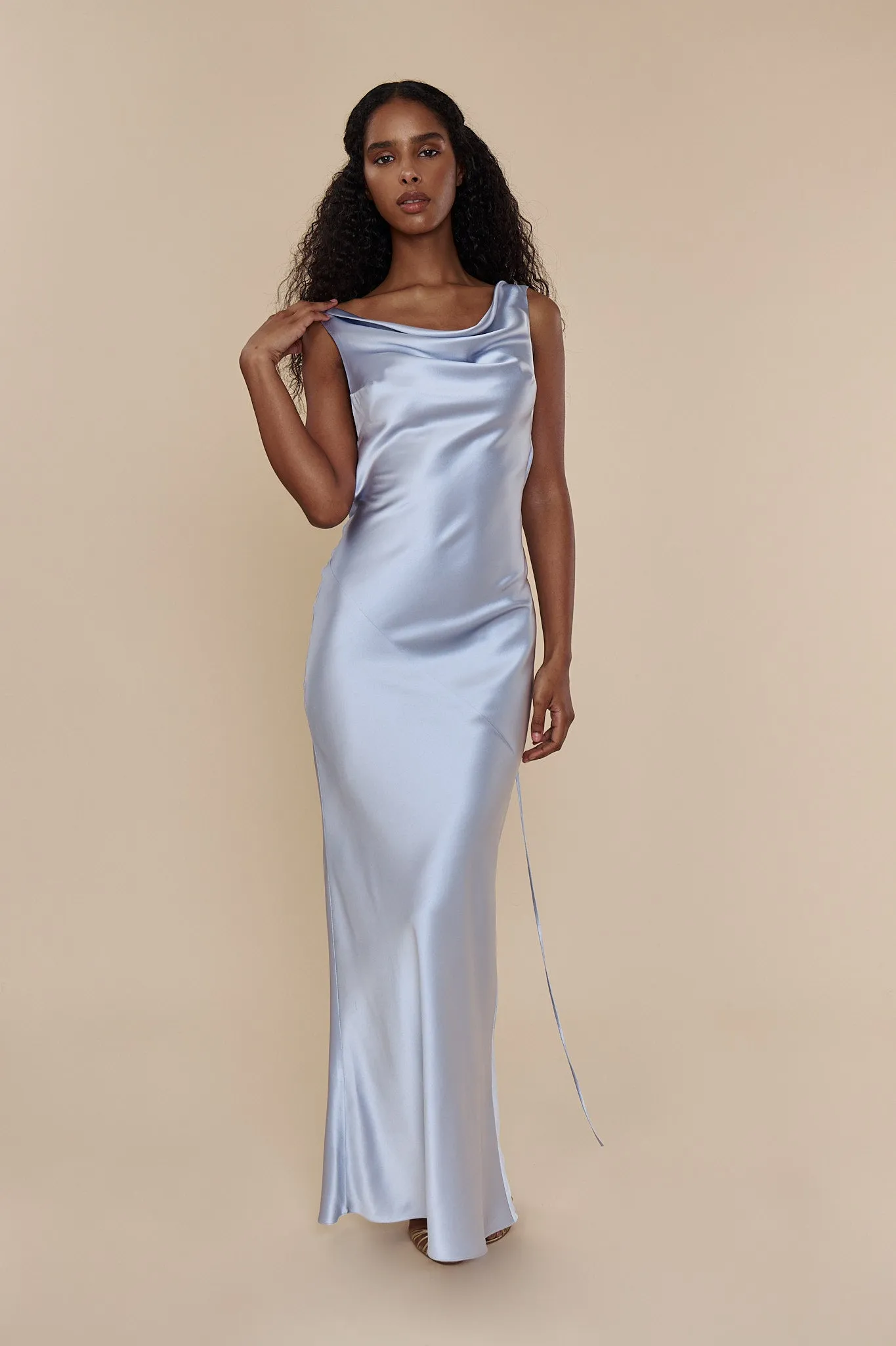 Plunging Back Cowl Dress in Ciel sold by Mirror Palais product image thumbnail 3