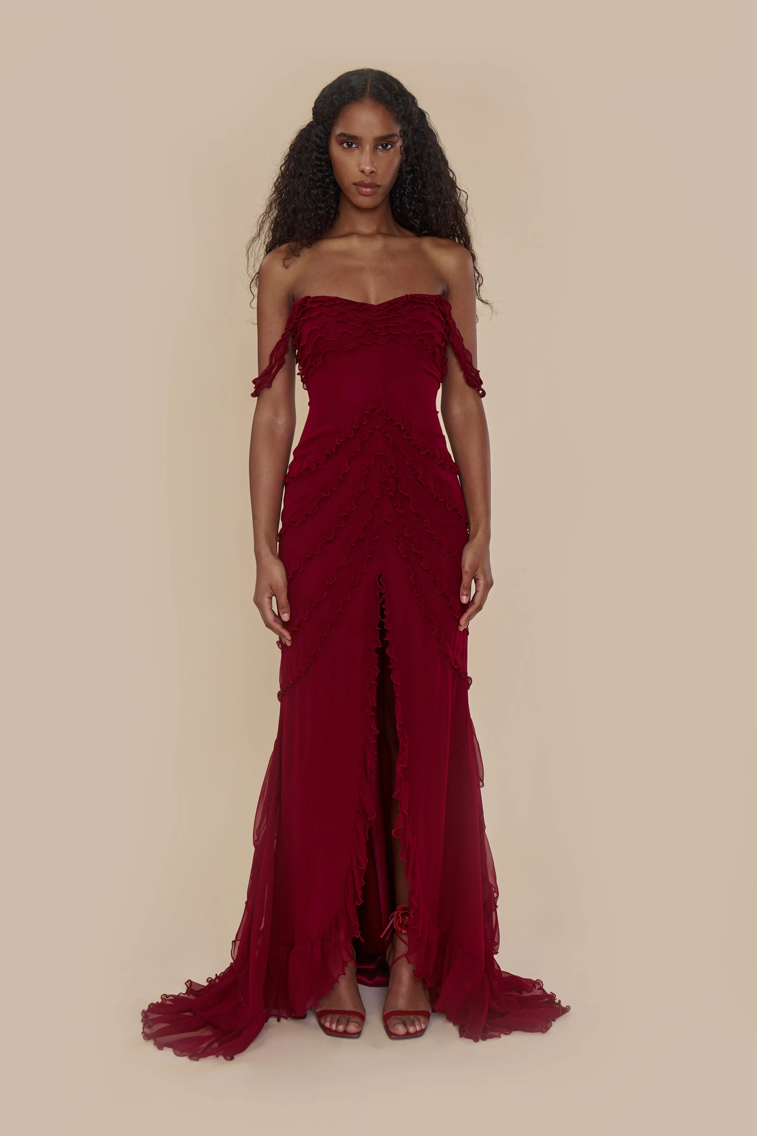 Cascading Ruffle Gown in Sangre sold by Mirror Palais product image thumbnail 2