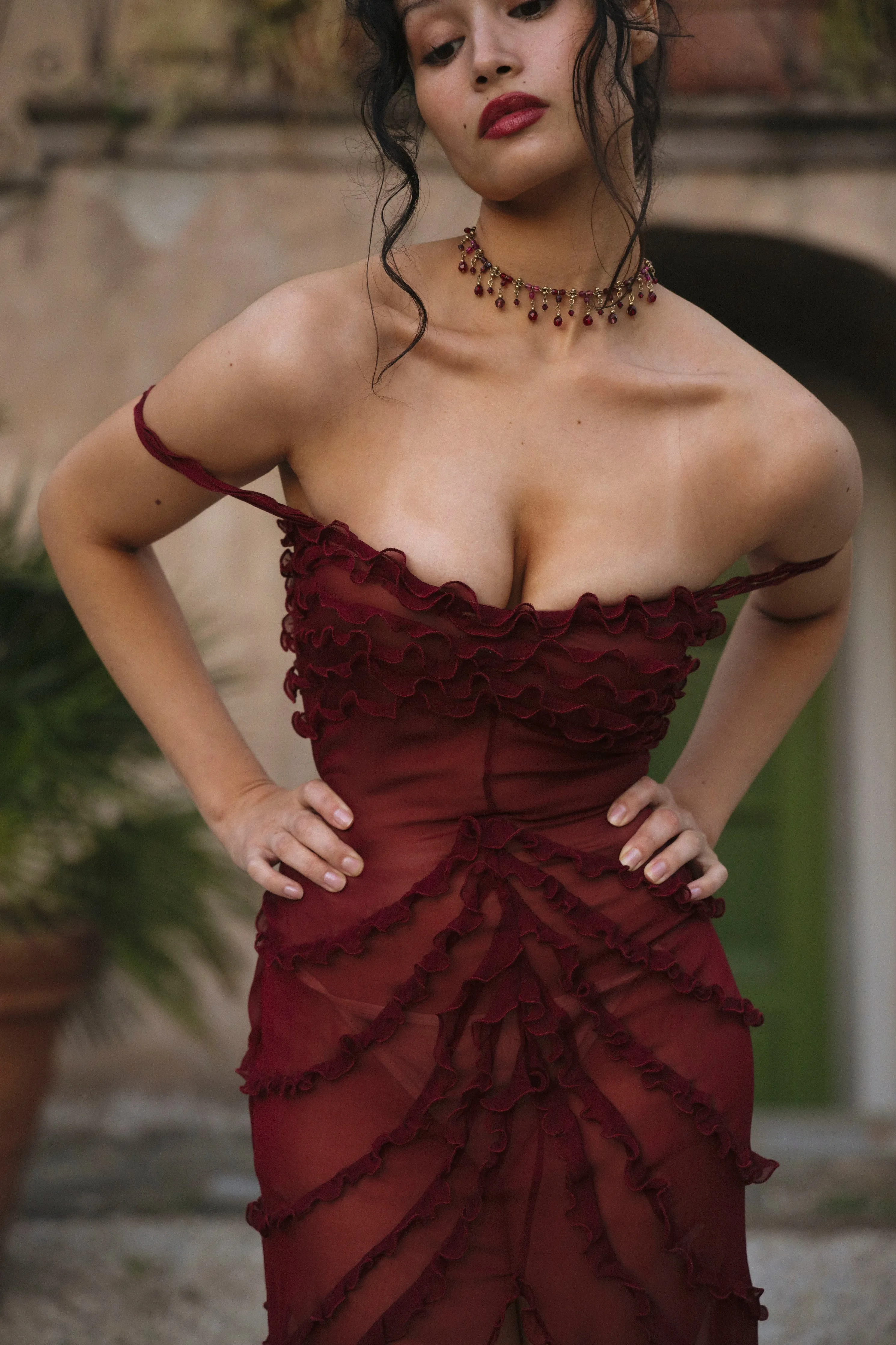 Cascading Ruffle Gown in Sangre sold by Mirror Palais product image thumbnail 3