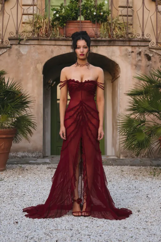 Cascading Ruffle Gown in Sangre sold by Mirror Palais