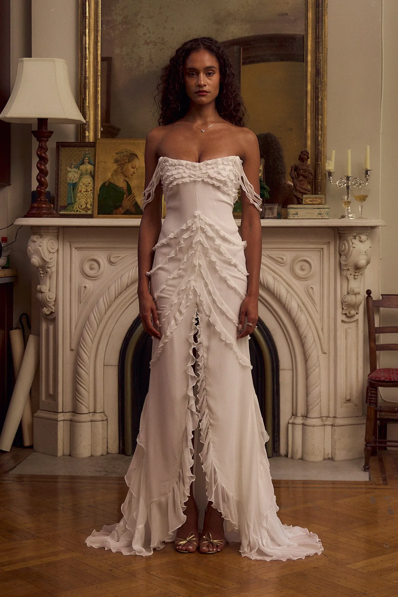 Cascading Ruffle Gown Without Train in Pearl sold by Mirror Palais product image thumbnail 2