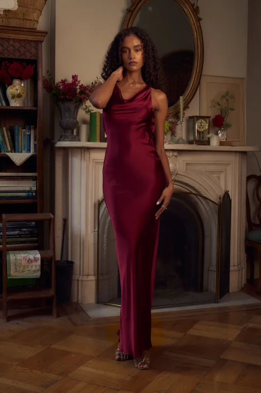 Plunging Back Cowl Dress in Sangre made by Mirror Palais