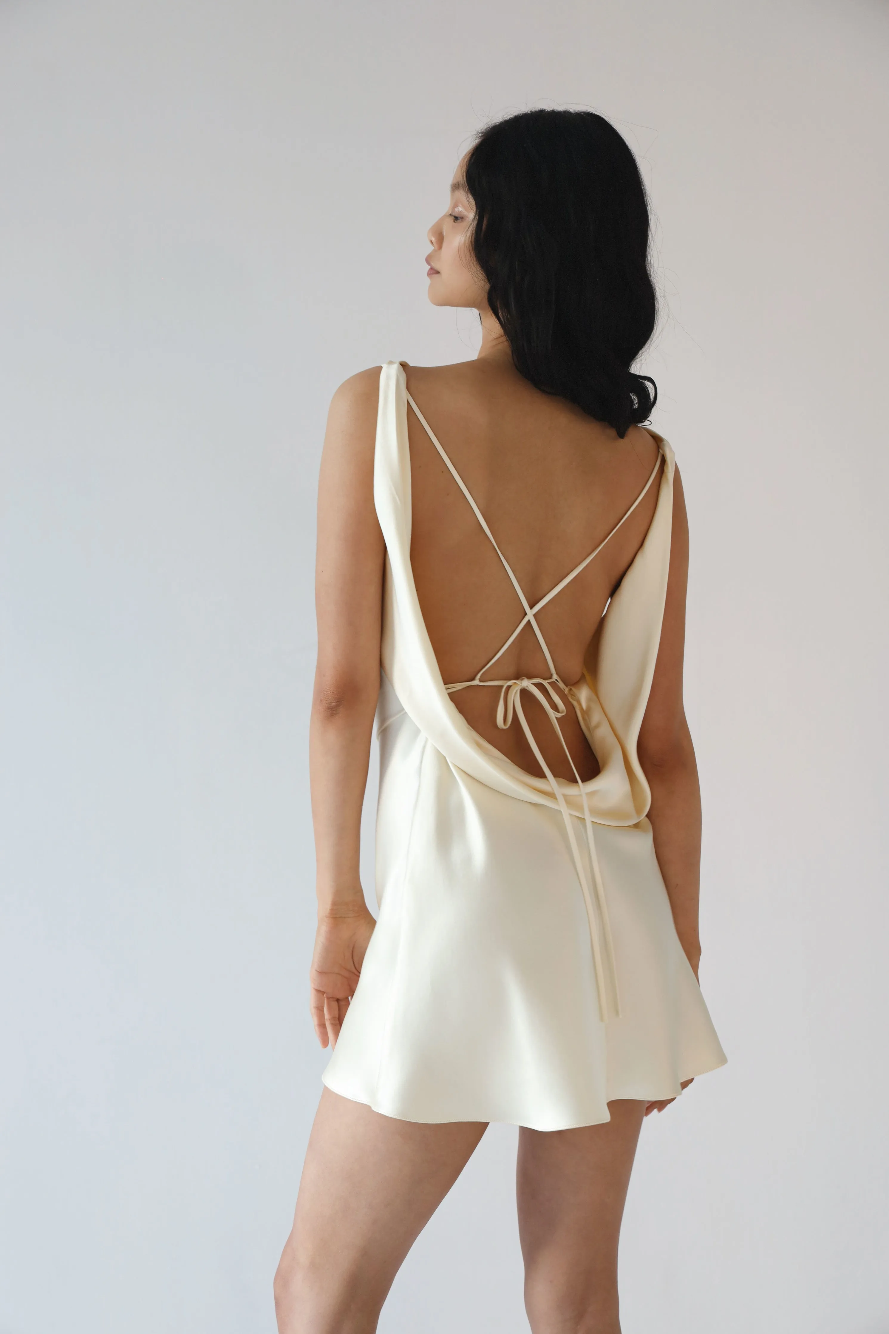 Plunging Back Cowl Mini Dress in Butter sold by Mirror Palais product image thumbnail 4
