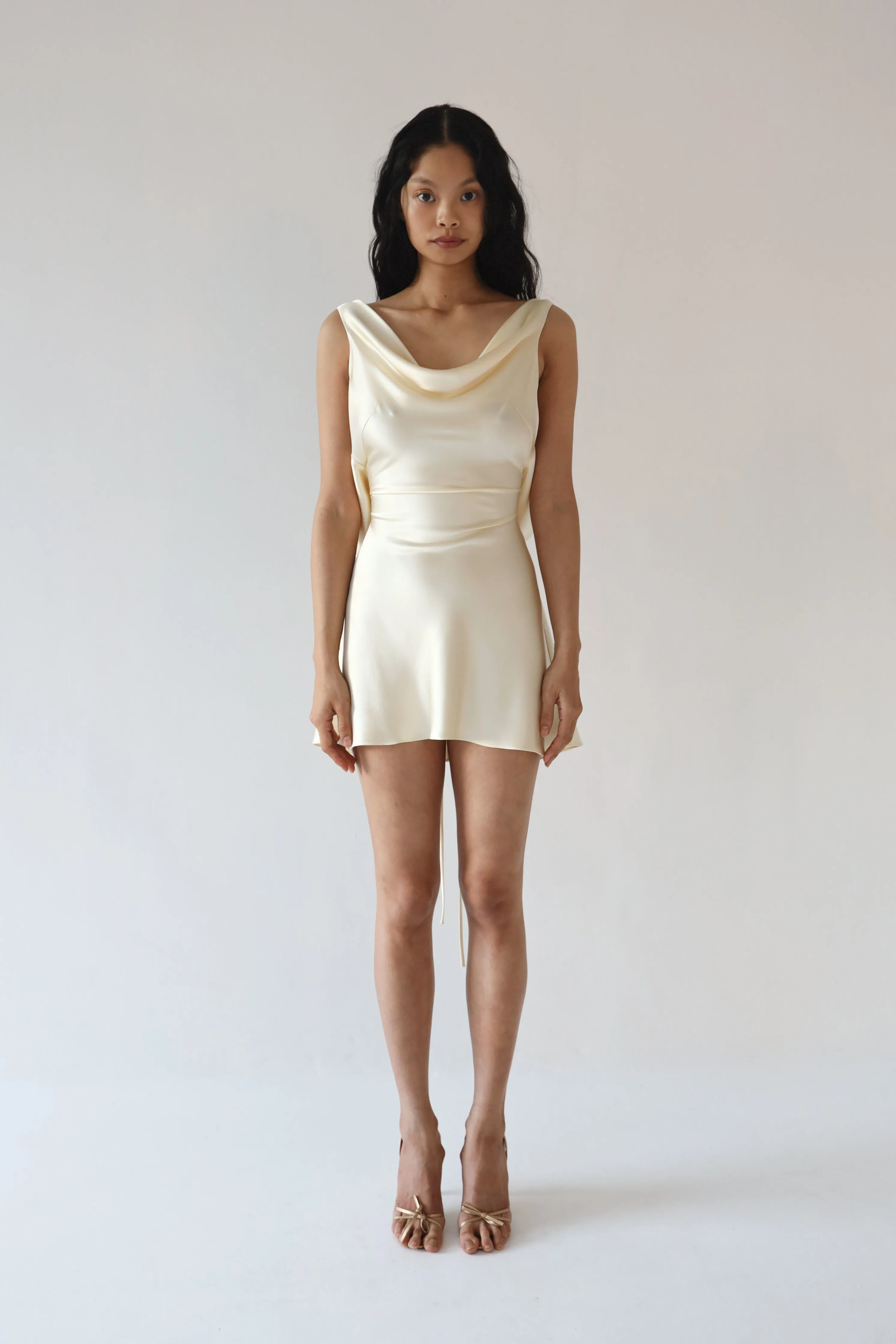 Plunging Back Cowl Mini Dress in Butter sold by Mirror Palais