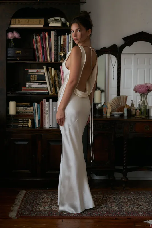 Plunging Back Cowl Dress in Pearl sold by Mirror Palais