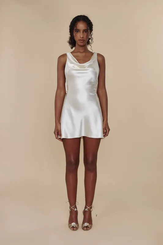 Plunging Back Cowl Mini Dress in Pearl sold by Mirror Palais