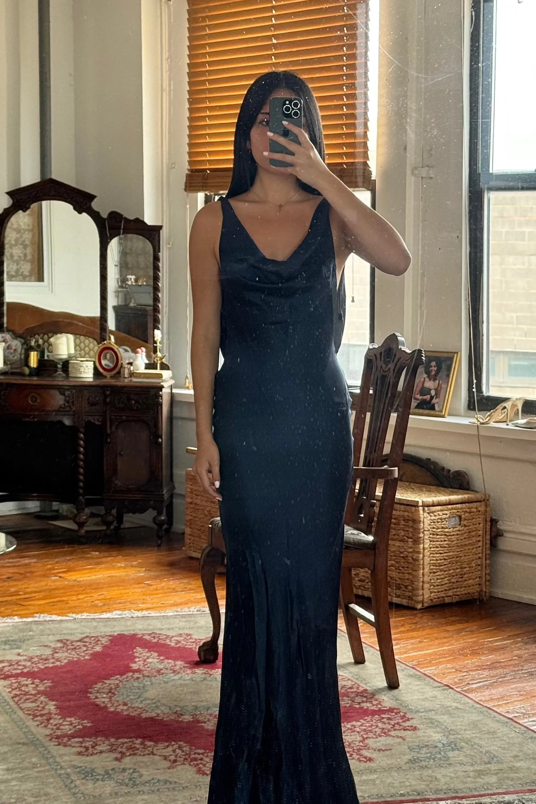 Sample Plunging Back Cowl Dress in Navy sold by Mirror Palais